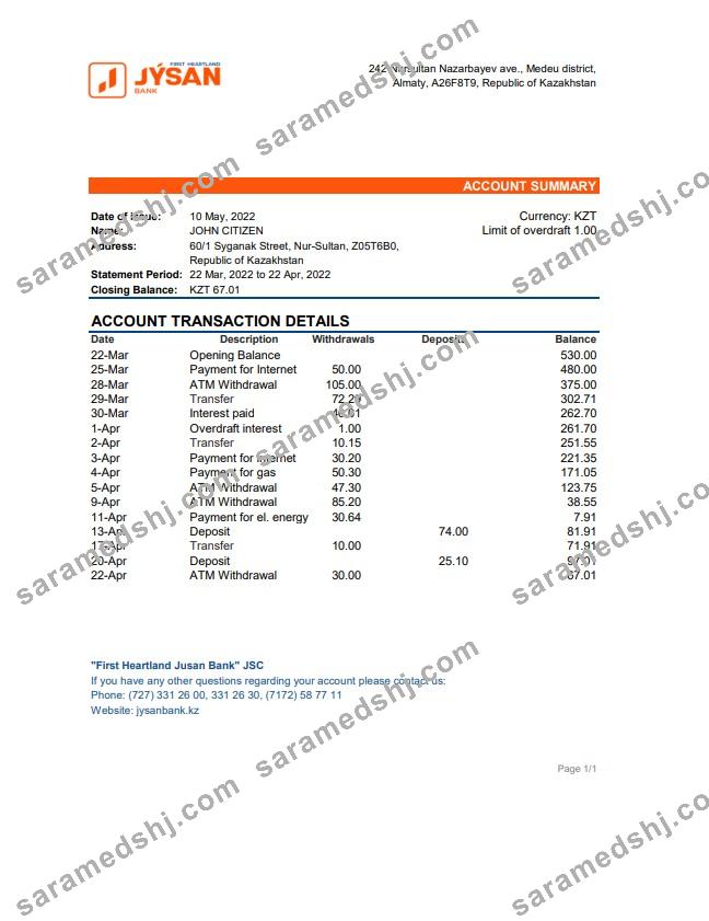Kazakhstan First Heartland Jusan Bank statement xls